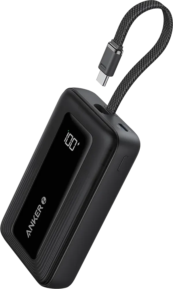 Anker Zolo Power Bank, 30W, 10,000mAh, Digital Display, Built-in Type-C Cable, Black, A1688621