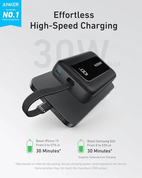 Anker Zolo Power Bank, 30W, 10,000mAh, Digital Display, Built-in Type-C Cable, Black, A1688621