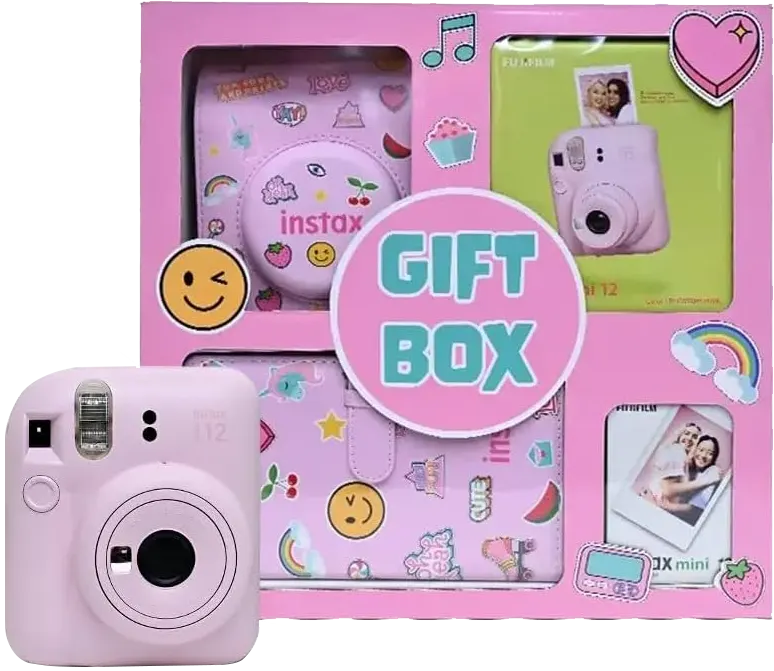 كاميرا فورية فوجي فيلم انستكس ميني 12 جيفت بوكس، 60 مم، إخراج تلقائي للفيلم، فلاش مدمج، بينك