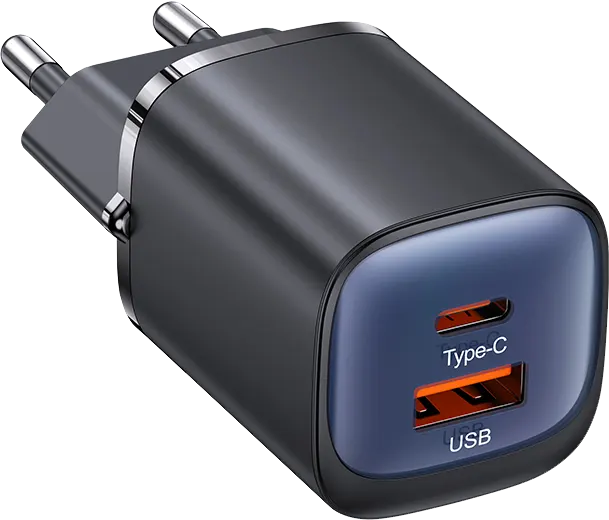 USAMS GAN Fast Charger , 30W Fast Charging, Dual Charging Ports, Black, CC254TC01