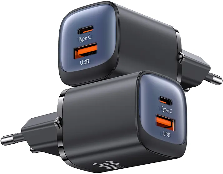 USAMS GAN Fast Charger , 30W Fast Charging, Dual Charging Ports, Black, CC254TC01