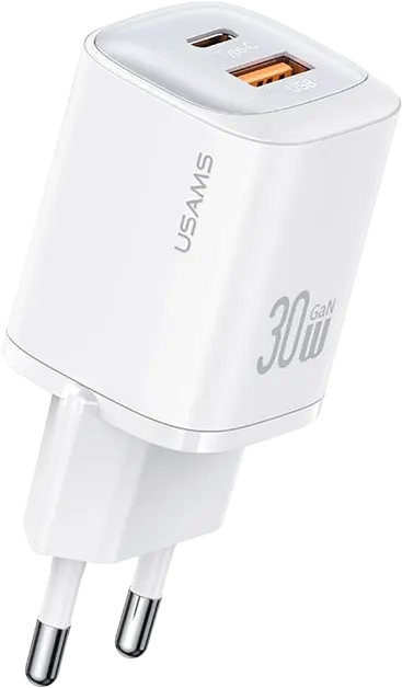 USAMS GAN Fast Charger, 30W Fast Charging, Dual Charging Ports, White, CC254TC02