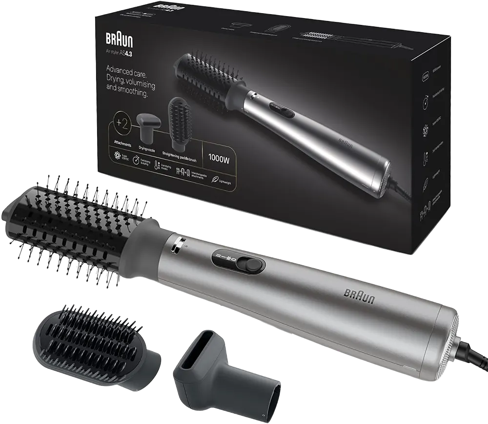 Braun Air Styler AS4.3 Hair Styling Brush, 1000 Watts, 3 Speed ​​Settings, Ionic Technology, Silver, AS-430E (with TechMe Warranty)