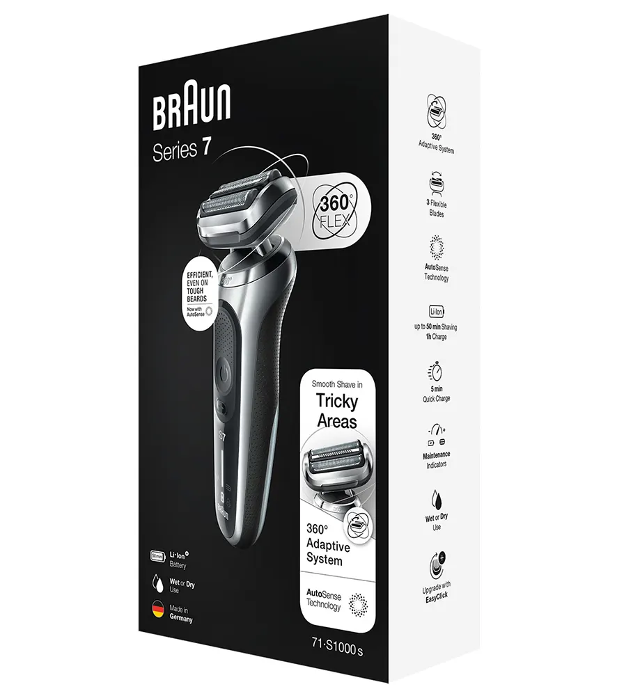 ماكينة تنعيم الذقن اللاسلكية Series 7 من براون، وقت تشغيل 50 دقيقة، رأس مرن، شاشة ليد، استخدام رطب وجاف، مقاومة للماء،71.S1000S
