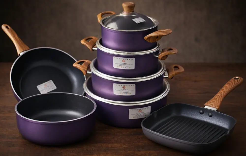 طقم حلل تيتانيوم فيرونيا، 12 قطعة، دائرية، يد خشب، لون أزرق