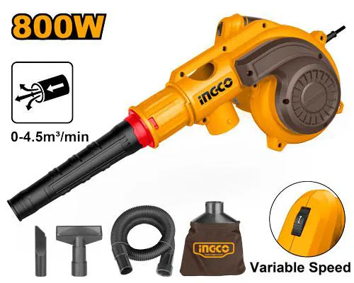 بلاور ومكنسة كهربائية إنكو، 800 وات، معدل النفخ 4.5 م³-د، سرعات متعددة، اصفر، AB8038