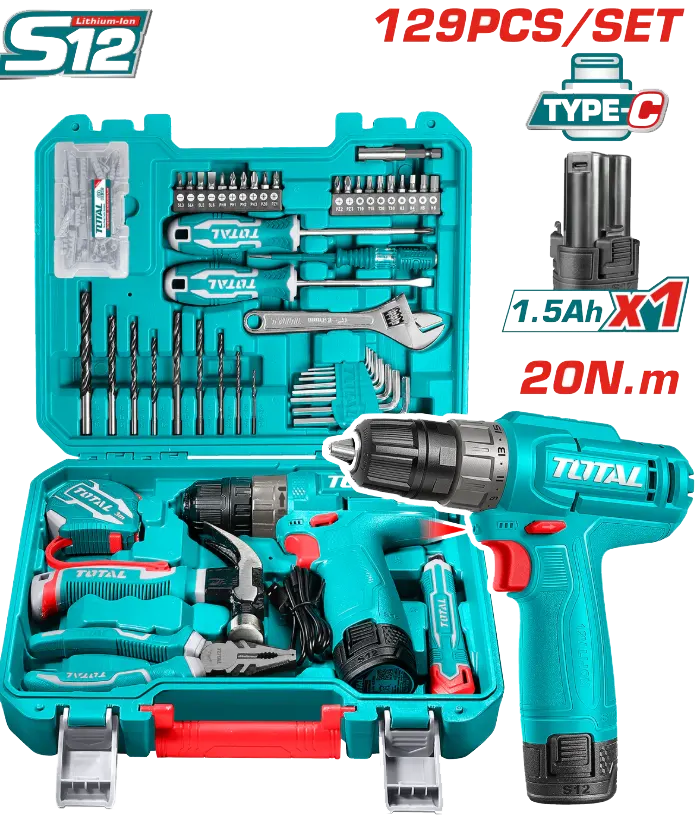 Total Tools Drill Set, 12V, 20N, 129 Pieces, THKTHP11292