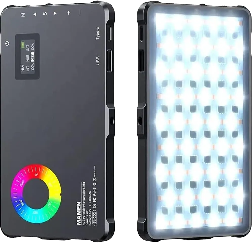 Mamen LED Video Light Panel, 10W, RGB Lighting, Type-C Charging Port, 4000mAh Battery, LED-C02