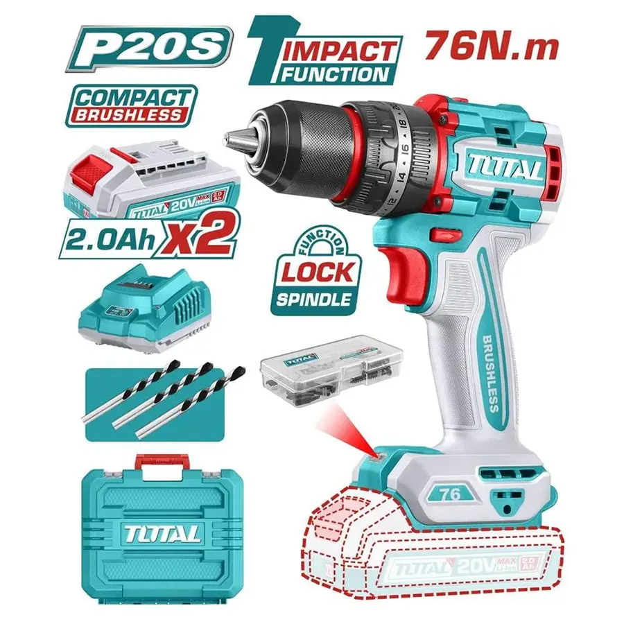 Total Tools Cordless Drill and Hammer Drill, 20V, 76Nm, 2 x 2Ah Batteries, and Charger, TIDLI20768