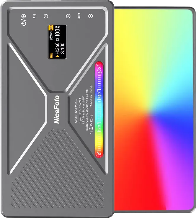 NiceFoto Video Lighting Panel, 10W, RGB LED Lighting, 4000mAh Battery, Type-C Charging, Gray, TC-225