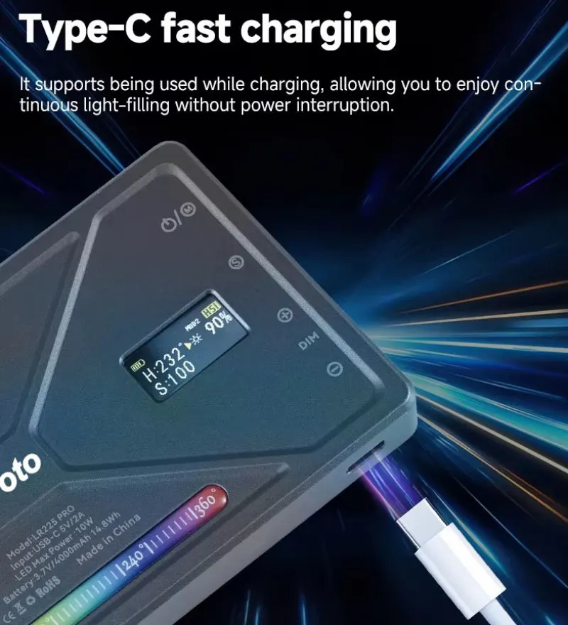 NiceFoto Video Lighting Panel, 10W, RGB LED Lighting, 4000mAh Battery, Type-C Charging, Gray, TC-225