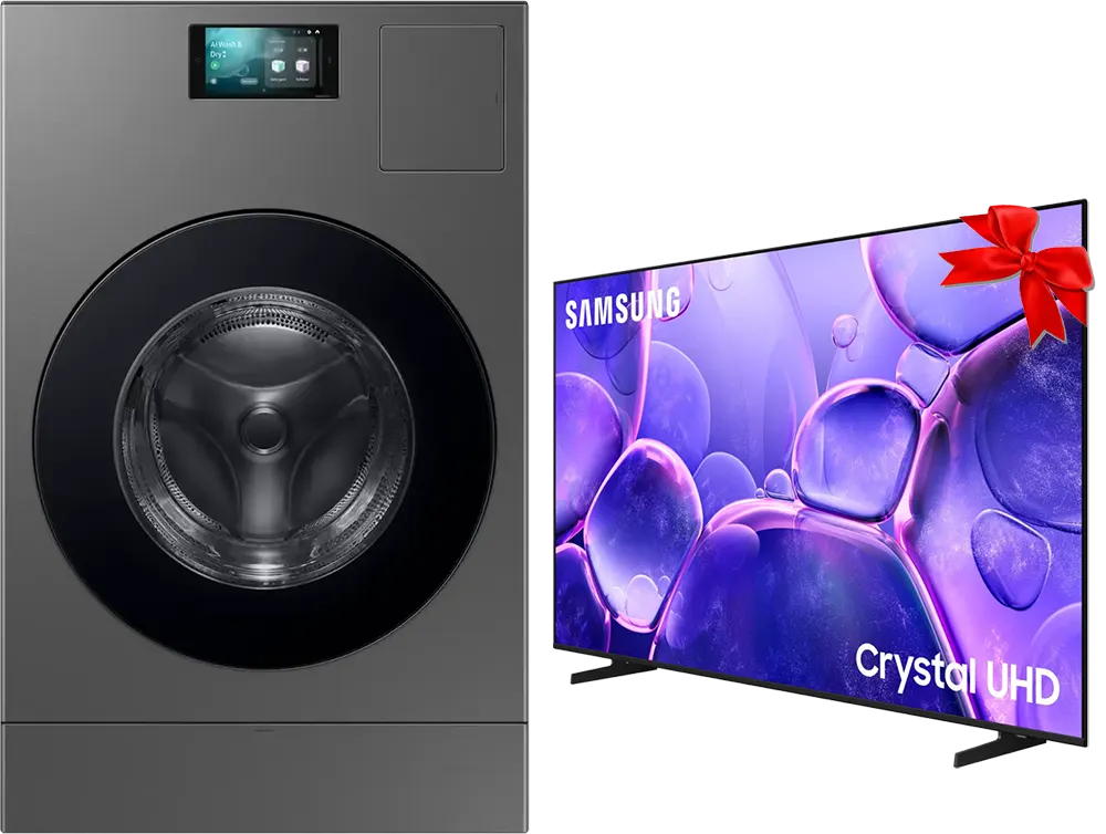 Samsung Fully Automatic Front Load Washing Machine, 25 kg, 15 kg Dryer, 1100 RPM, Inverter, Steam, 7" LCD Touch Screen, Wi-Fi Connection, Grey, WD25DB8995BZ + Samsung Crystal UHD 65 Inch For Free