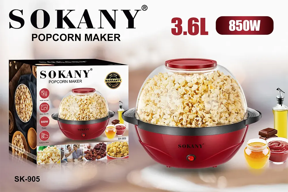 Sokany Popcorn Maker, 850 Watts, 3.6 Liters, Burgundy, SK-905 (with Elmaghraby  Warranty)