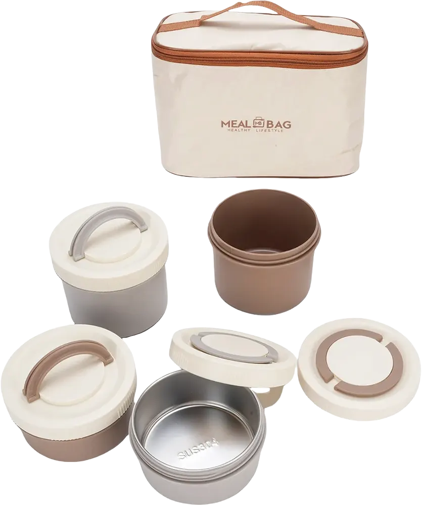 Thermal lunchbox set, 1 thermal bag, 4 cans, beige color, 200-1