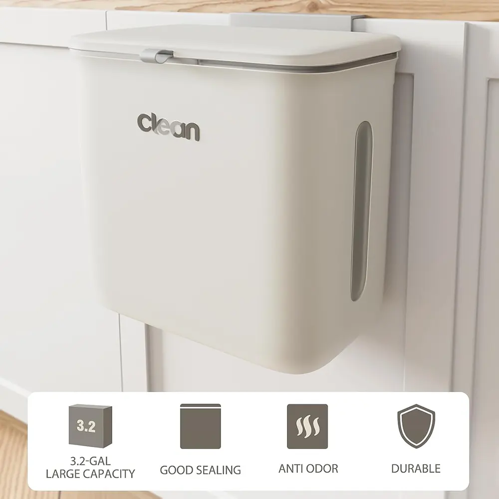 سلة مهملات معلقة لوكس، قابلة للطي، سعة 3.2 جالون، مع غطاء لباب الخزانة، بلاستيك، بيج