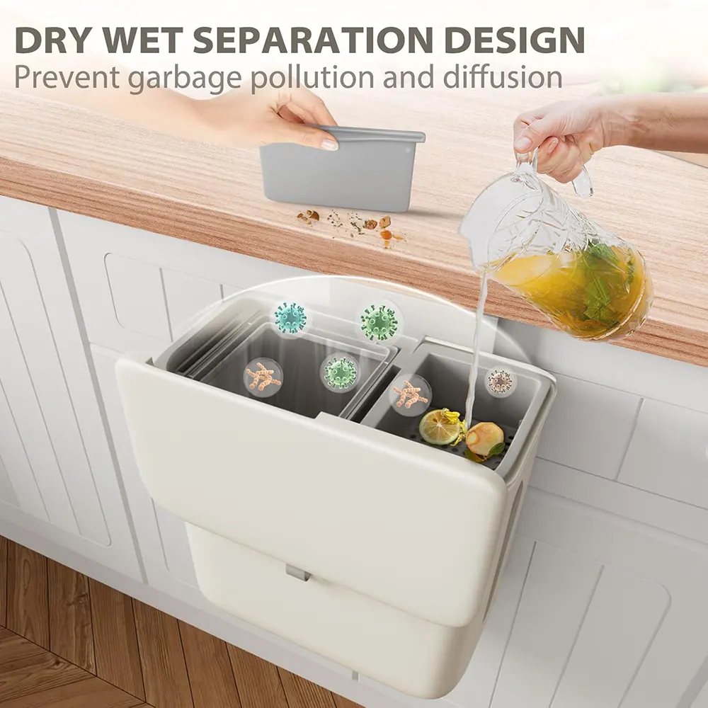 سلة مهملات معلقة لوكس، قابلة للطي، سعة 3.2 جالون، مع غطاء لباب الخزانة، بلاستيك، بيج