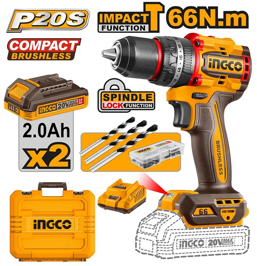 ingco Cordless Hammer Drill, 20V, 66Nm, 2 Batteries, CIDLI20668