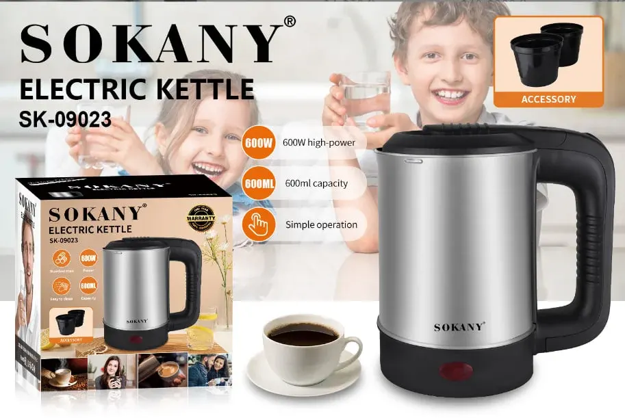 Sokany Kettle, 600 Watts, 0.6 Liters, Stainless Steel, SK-09023, (with Elmaghraby Warranty )