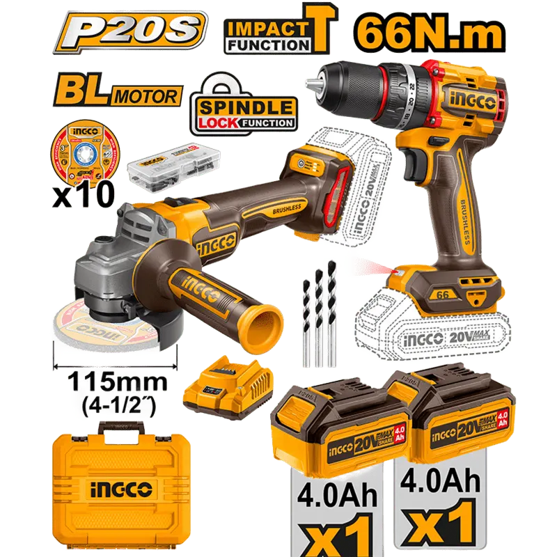 INGCO 20V Cordless Drill, 66N + Angle Grinder, INGCO CKLI20273