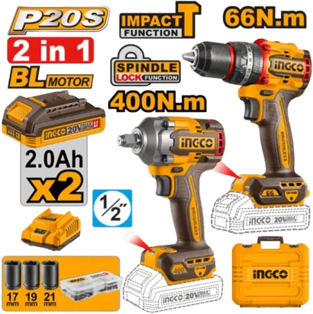ingco 20V Drill, 1-2 inch, 40N + Drill, 20V, 66N, 2 Batteries, CKLI20275