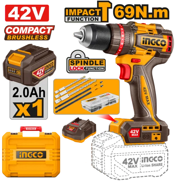 ingco Cordless Drill, 42V, 69Nm, 1 Battery, CIDLI426981