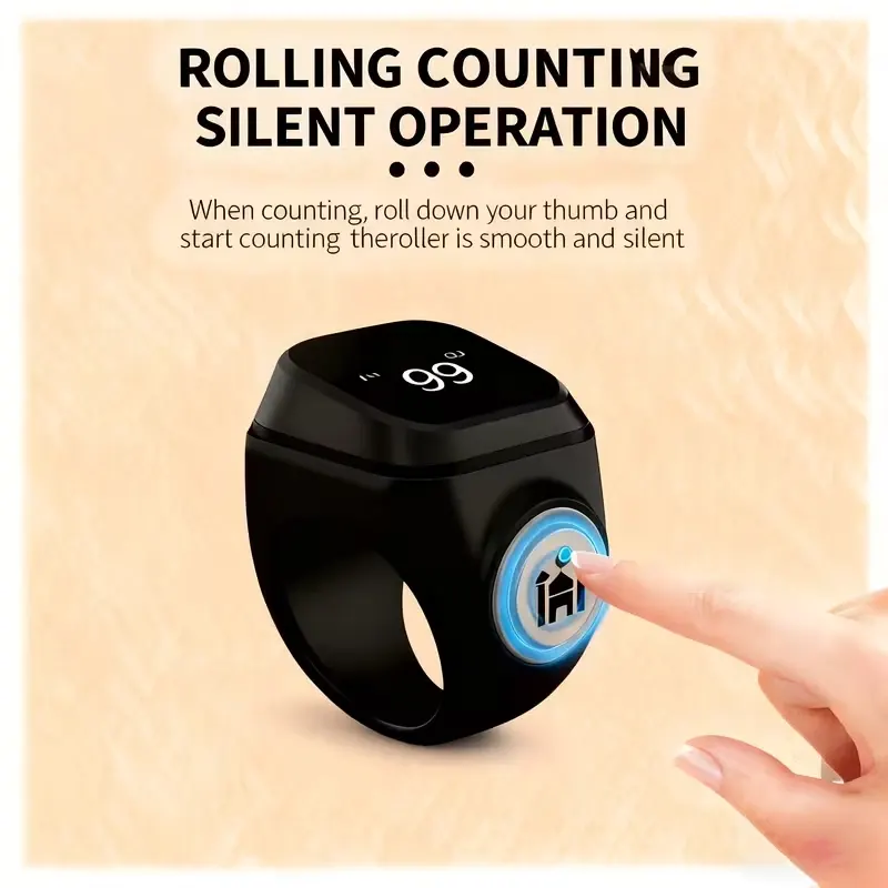 Smart Tasbih Counting ring, LED display, prayer time reminder, rechargeable, black