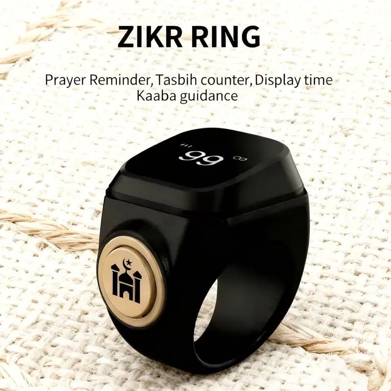 Smart Tasbih Counting ring, LED display, prayer time reminder, rechargeable, black