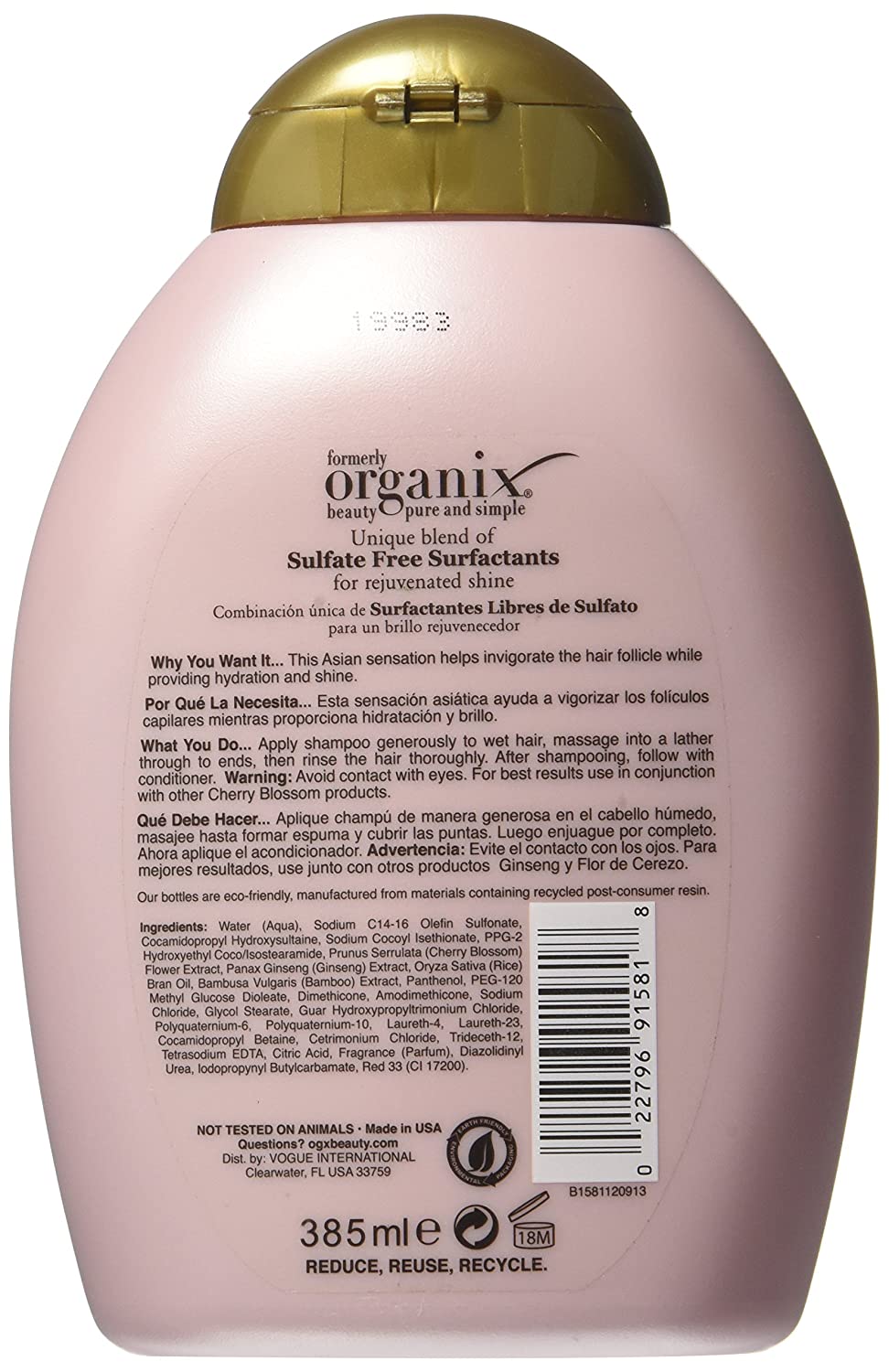 OGX Organix Cherry Blossom Ginseng Rejuvenating free sulfate Shampoo 385 ml