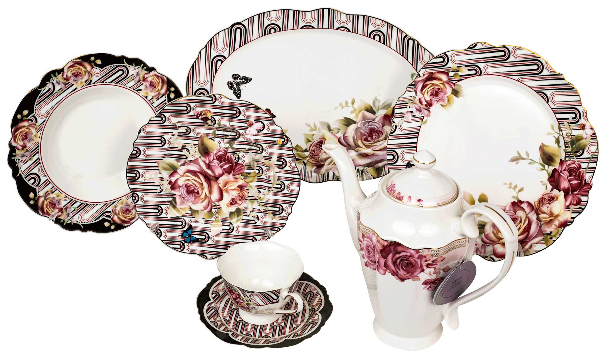 طقم سفرة دائري 62 قطعة ملاوررسمة وردة - أبيض