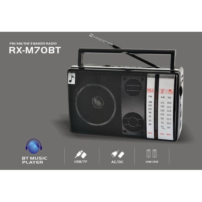راديو محمول FM\AM\SW من جولون، كلاسيكي، بطارية قابلة لإعادة الشحن، صوت عالي نقي، منفذ USB وكارت ميموري، أسود، RX-M70