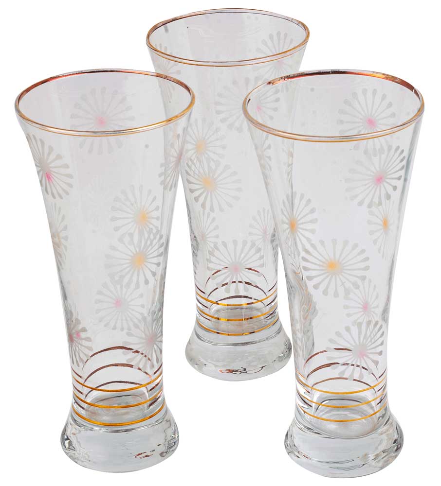 Al-Israa set of 12-piece juice cups, large, with a sunflower pattern - clear and golden