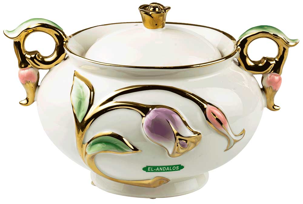 بونبنيرة بورسلين دائرية بغطاء حجم متوسط بيد دهبي - أبيض