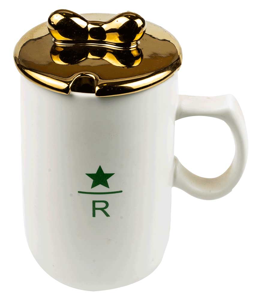 مج بورسلين بالغطاء حجم كبير بتصميم دائري علي شكل فيونكة - أبيض