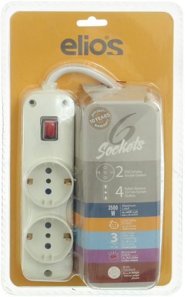مشترك كهرباء إليوس، 3 متر، 6 منافذ، 3500 وات، 250 فولت، 16 أمبير، أبيض