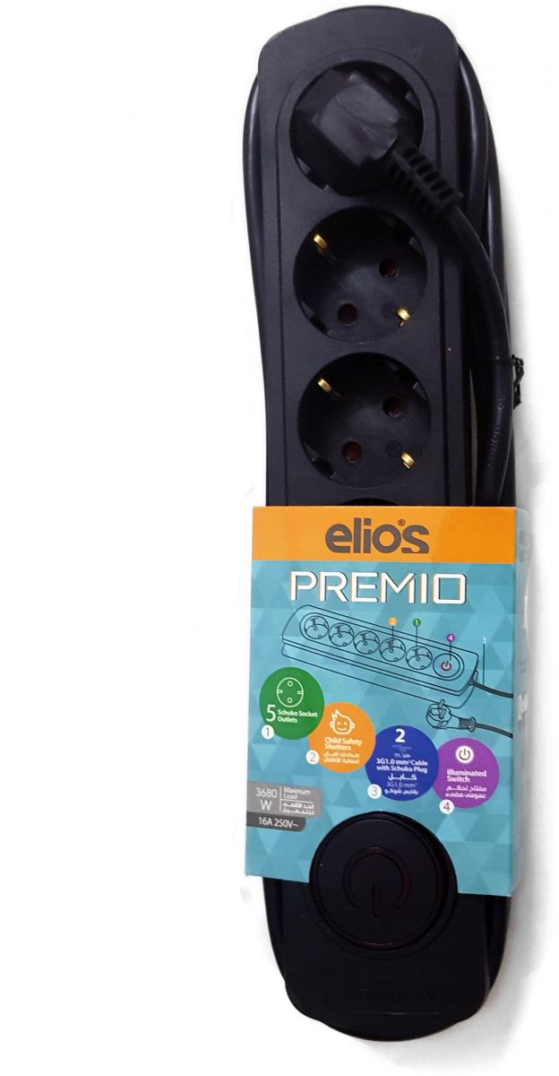مشترك كهرباء إليوس، 2 متر، 5 منافذ، 3680 وات، 250 فولت، 16 أمبير، أسود، بريمو