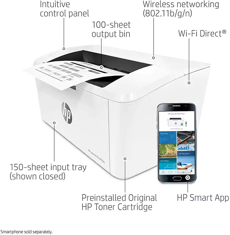 HP LaserJet Pro M15w Printer, Print, Wi-Fi, White