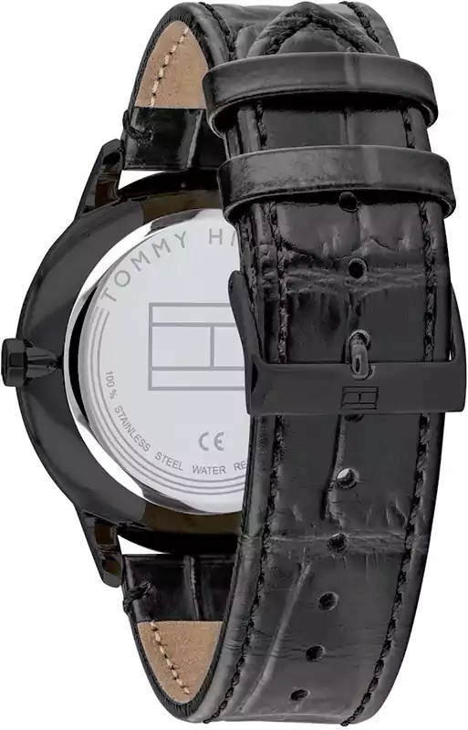 ساعة تومي هيلفيغر رجالي، عقارب، سوار جلد، أسود، 1710388