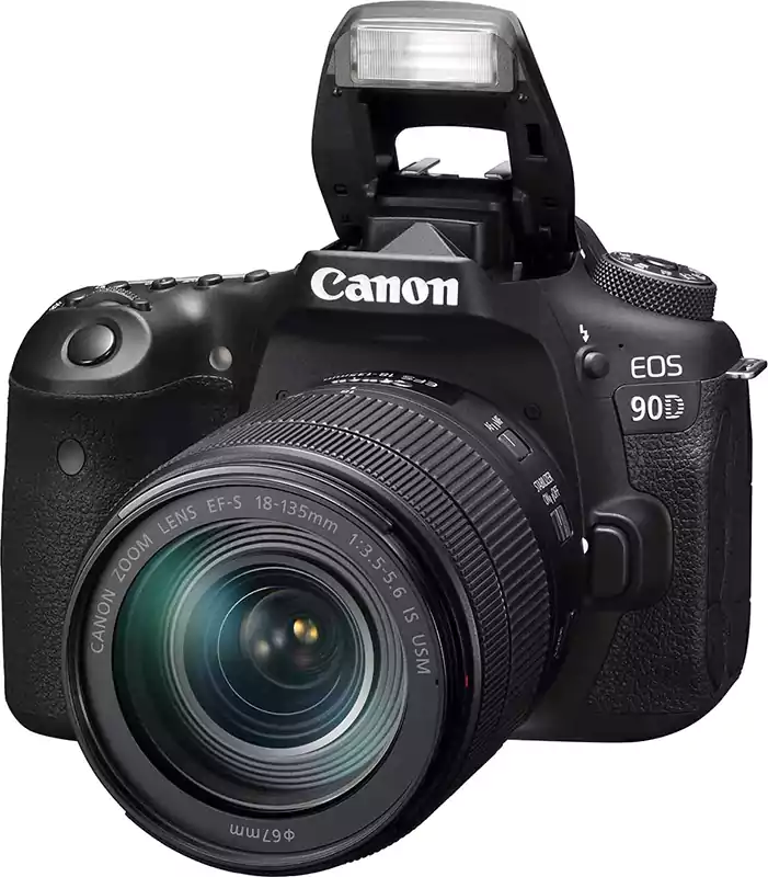 كاميرا تصوير دي إس إل آر  كانون إي أو إس 90 دي  ، عدسة 18-135 مللي متر، دقة  الوضوح 32 ميجابكسل، شاشة إل سي دي ، أسود
