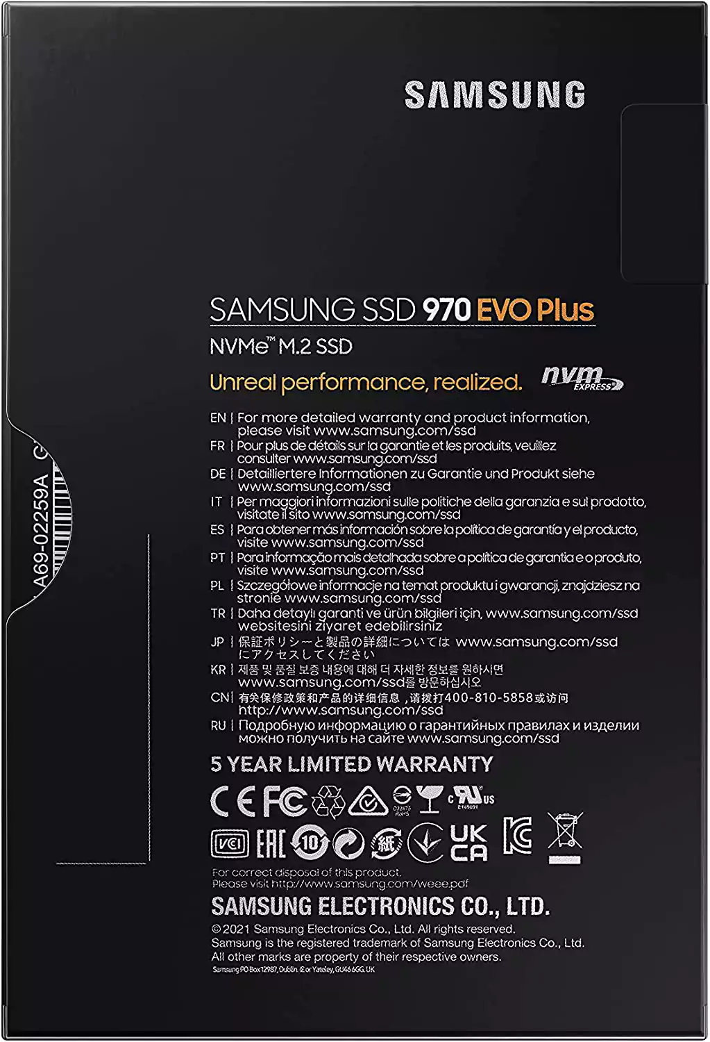 هارد ديسك SSD سامسونج ، 970 EVO Plus NVMe® M.2 داخلي ، لأجهزة الكمبيوتر ، 250 جيجابايت ، أسود ،MZ-V7S250B