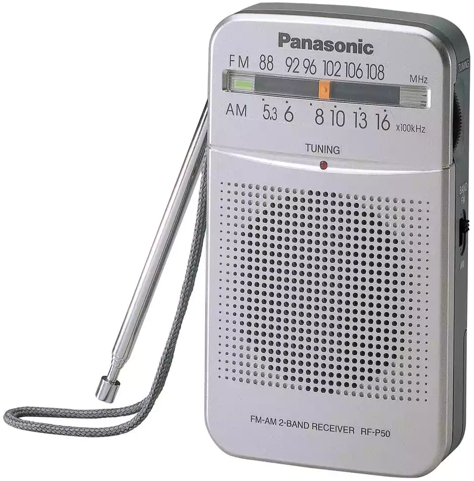 Panasonic FM-AM Radio, Battery, Classic, Clear Bass, Headphone Port, Silver, RF-P50