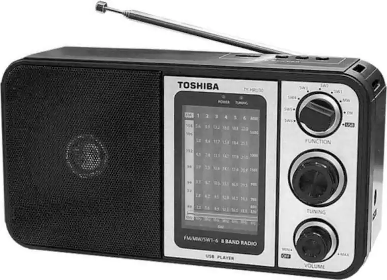 راديو محمول FM\AM\SW من توشيبا، كلاسيك، بطارية أو توصيل بالكهرباء، صوت عالي نقي، منفذ USB وكارت ميموري وسماعة أذن، أسود × خشبي، TY.HRU30