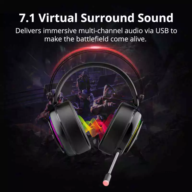 سماعة رأس للألعاب بتقنية الصوت الافتراضي 7.1 واضواء ليد ملونة جلاري من ترونسمارت - اسود‎
