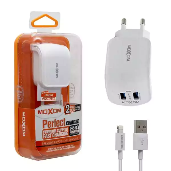 Moxom Wall Charger, 2 USB Ports, with Cable, 2.4A, White, KH-25