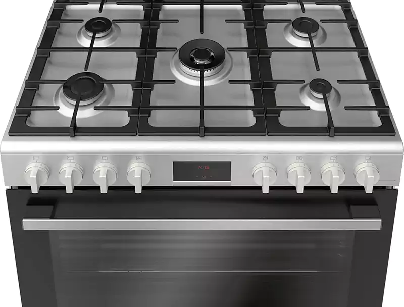 Bosch Serie 6 gas cooker, 90x60 cm, 5 burners, full safety, digital screen, silver, stainless steel, HGW3FSV50S