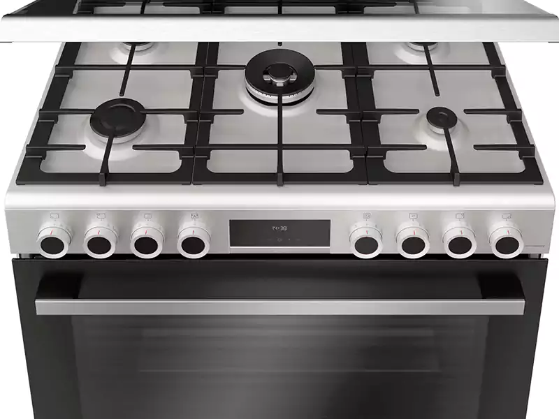 Bosch cooker, 90 x 60 cm, 5 burners, full safety, digital screen, silver, stainless steel