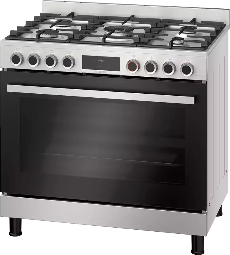 بوتاجاز بوش، 90×60 سم، 5 شعلة، أمان كامل، شاشة ديجيتال، مروحة ، أسود، ستانلس ستيل HIZ5G7W59S